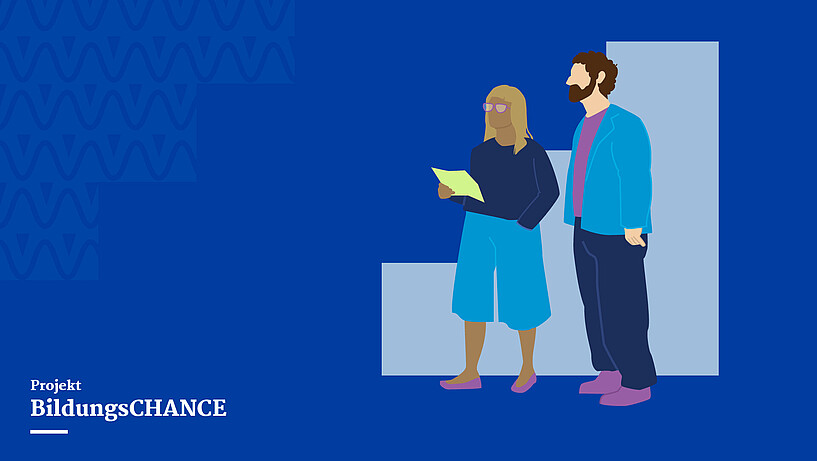 Illustration zweier Personen, die zusammen ein grünes Dokument ansehen, vor abstraktem Hintergrund mit geometrischen Formen