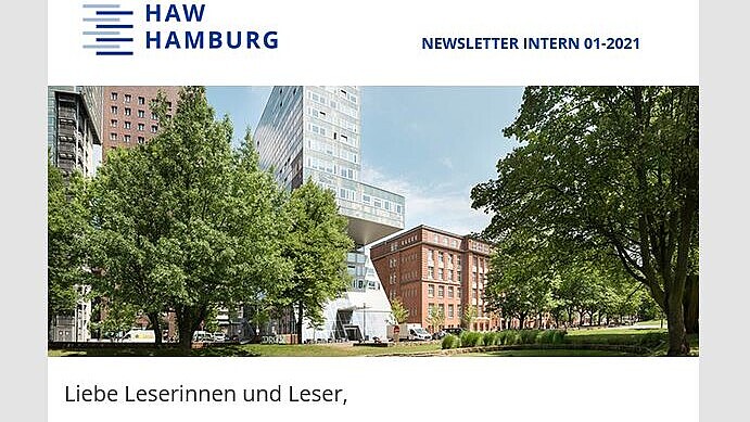 Ausschnitt aus dem Newsletter der HAW Hamburg mit Logo der Hochschule, Bild des Campus Berliner Tor und einem Einleitungstext