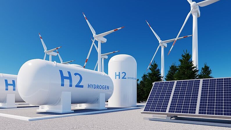 h2 hydrogen tank, solar panels and wind power turbines