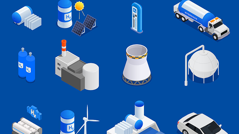 Isometric set with 3d icons showing hydrogen production from renewable sources wind solar energy storage car on blue background isolated vector illustration