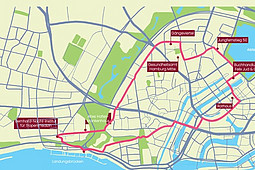 Public Health-Stadtspaziergang
Das Bild zeigt einen Stadtplan der Stadt Hamburg, das wichtige Stationen der Public Health-Stadtspaziergangs zeigt