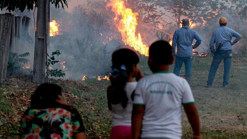 Kinder und Erwachsene vor brennendem Wald in Brasilien