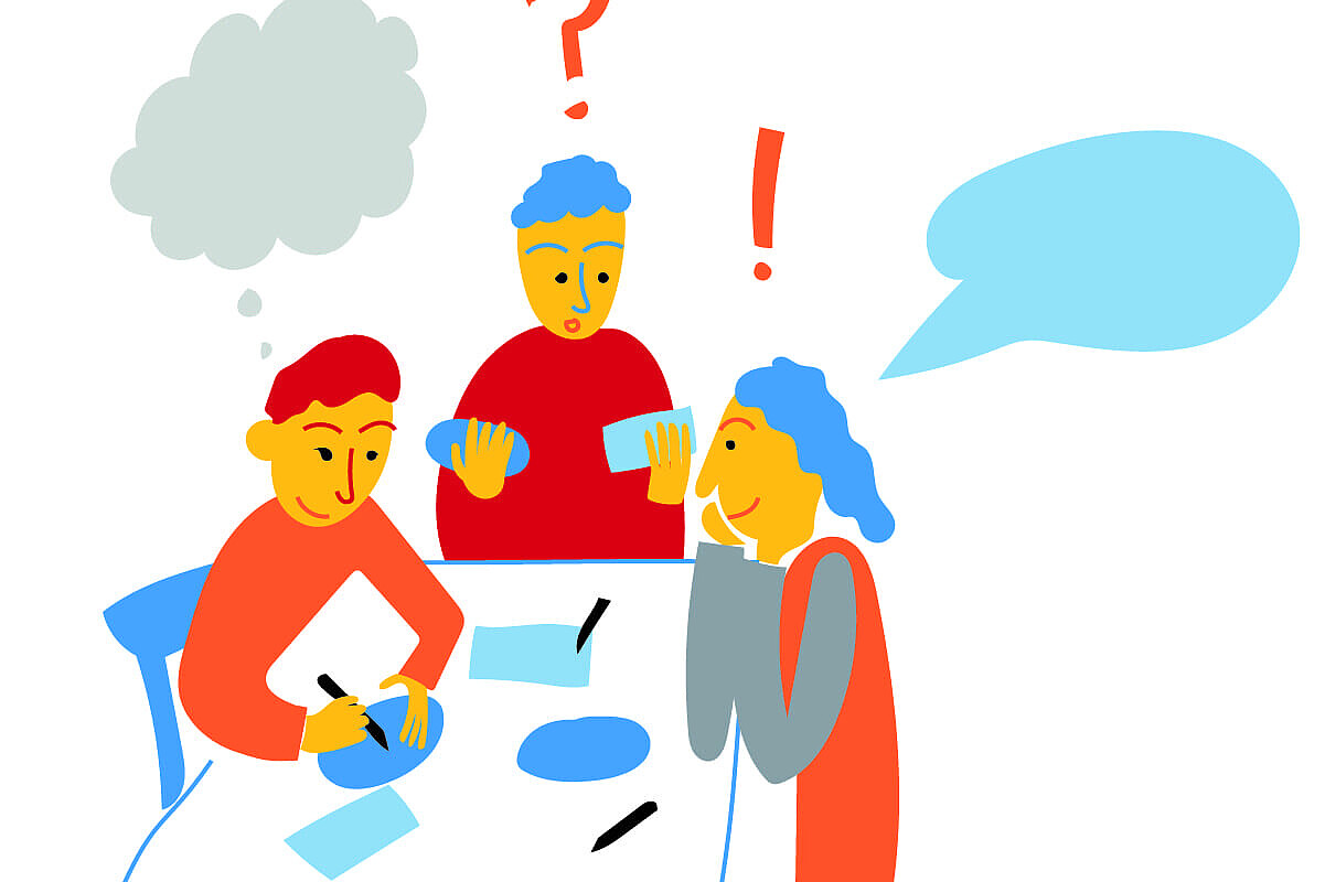
                Grafik, mehrere Personen sitzen an einem Tisch und arbeiten gemeinsam
            