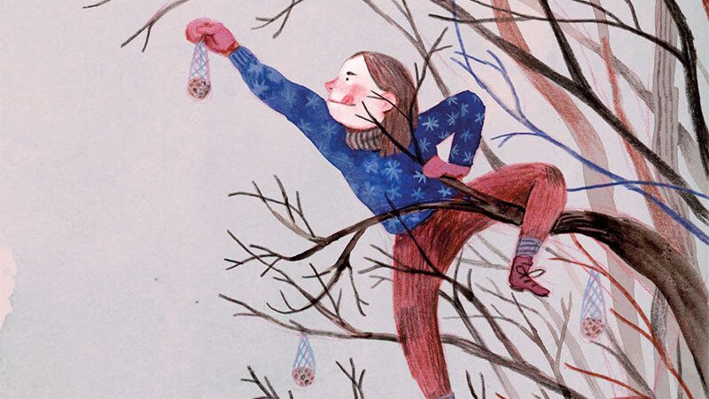 Kind hängt Meisenknödel im Baum auf - Illustration