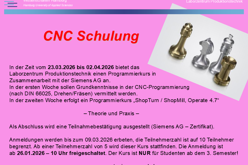 In der Zeit vom 23.03.2026 bis 02.04.2026 bietet das Laborzentrum Produktionstechnik einen Programmierkurs in Zusammenarbeit mit der Siemens AG an.
