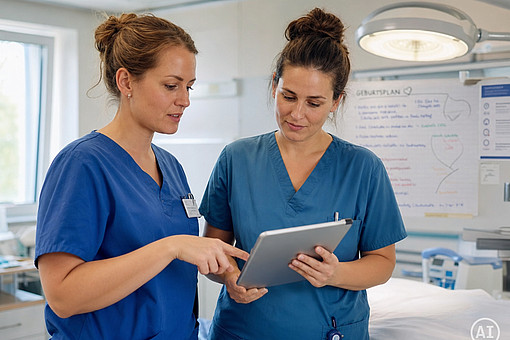 Umgang mit KI-generierten Informationen in der Praxisanleitung
Zwei Hebammen stehen im Raum mit einem iPad in der Hand.