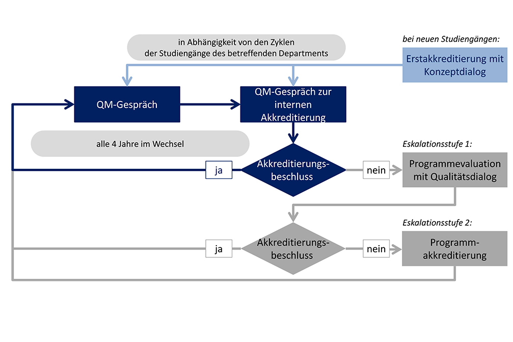 Die Abbildung verdeutlicht die zentralen Schritte des HAW-Modells zur internen Akkreditierung. Diese sind im Text unter der Abbildung erläutert. Copyright EQA