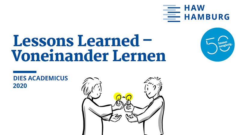 Logo des Dies Academicus "Lessons Learned" Schriftzug, zwei Menschen stehen sich gegenüber