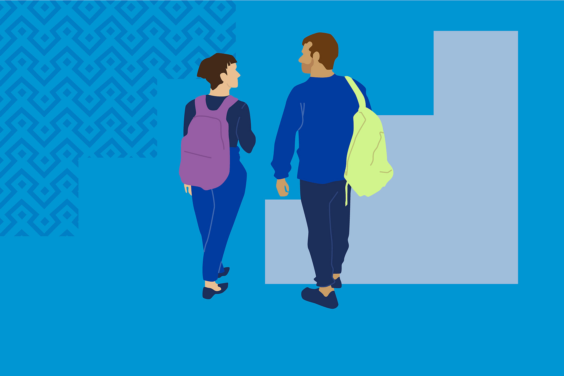 
                Grafische Darstellung von zwei Studierenden, die gemeinsam in dieselbe Richtung gehen.
            