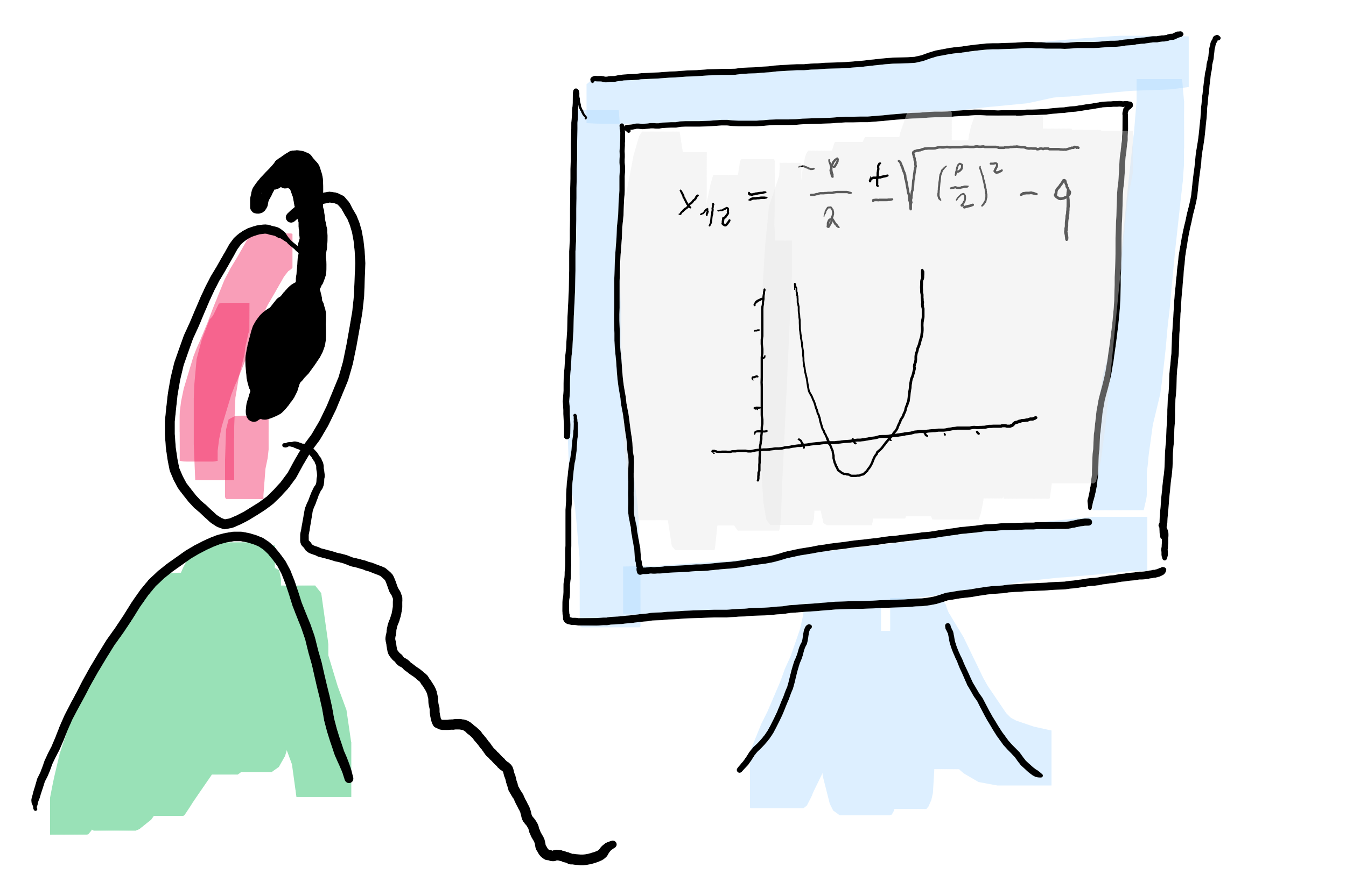 
                Grafik mit einer Person vor einem Bildschirm, auf dem Formeln und ein Grafik zu sehen sind
            