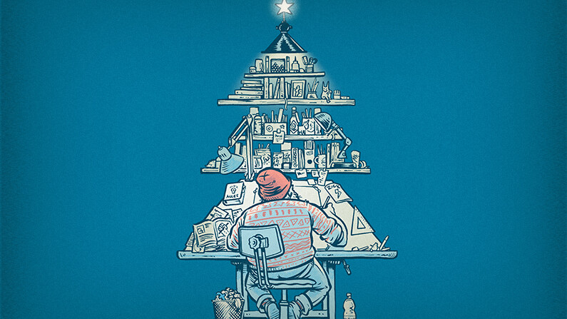 Illutration - Studierender am Schreibtisch, Stilisierter Weihnachgsbaum