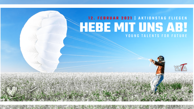 Keyvisual vom Aktionstag Fliegen organisiert von dem Young Talents Hamburg Klub. Eine Junge fliegt darauf mit einem Fallschirm.