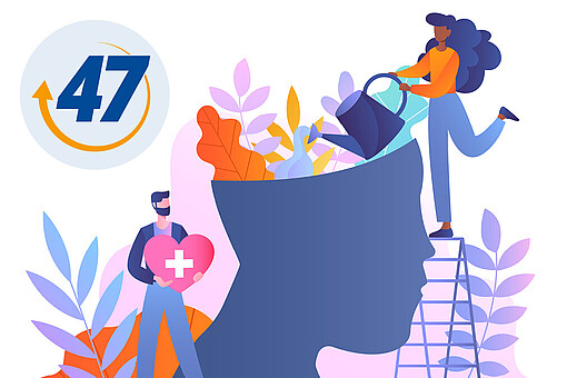 Psychische Gesundheit in der Arbeitswelt
In einem Gefäß in der Form eines Kopfes befinden sich Blumen, die gegossen werden.